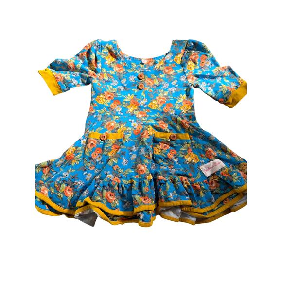 Makena Lane Other - Makena Lane Girls Floral Romper Dress Size 2 Blue Orange Flowers Ruffle Pockets